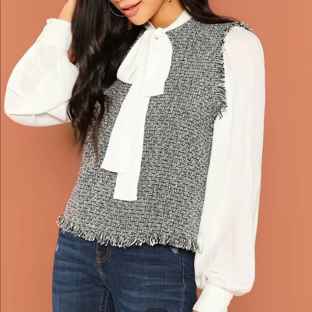 Tweed blouse- Tie neck frayed 2 in 1 blouse